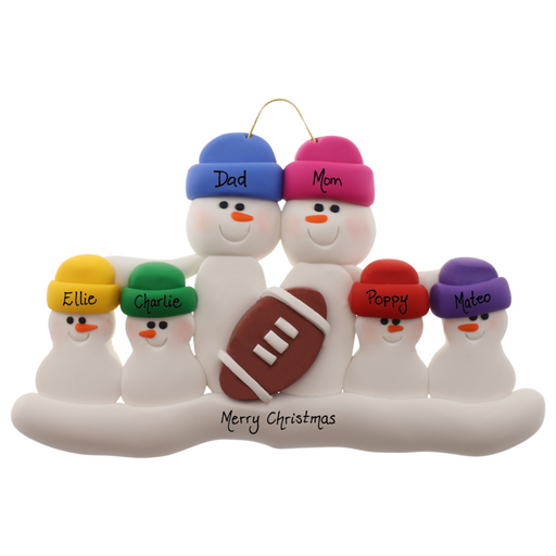 Family ornament with 6 white snowmen in bright hats with a football, personalized with names.