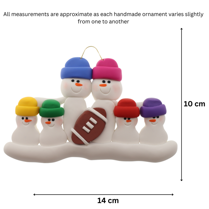 Family ornament with 6 white snowmen in bright hats with a football, graphed to show size (14x10cm).