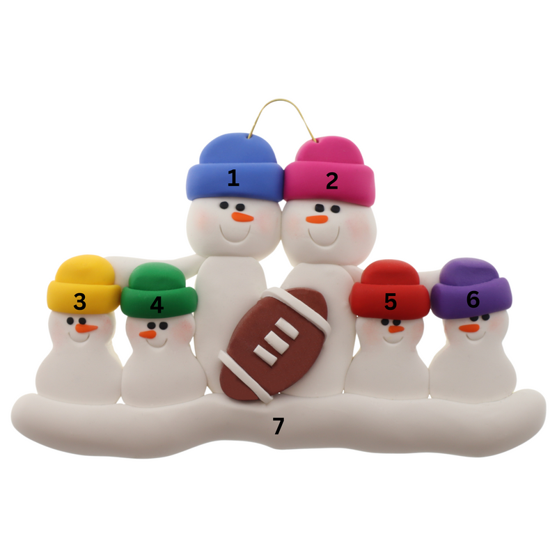 Family ornament with 6 white snowmen in bright hats with a football, numbered 1-7 for personalization.