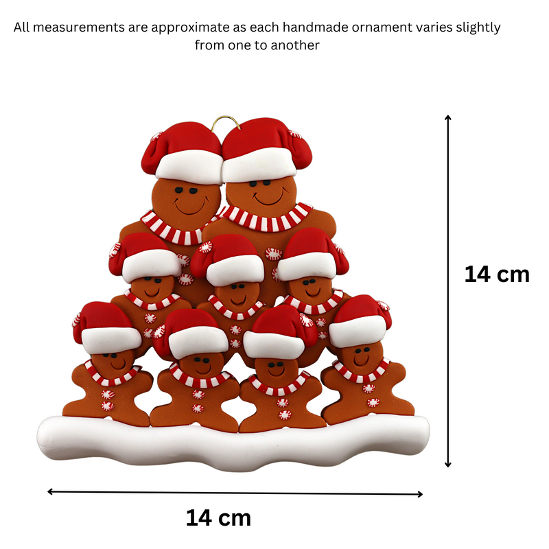 Family ornament with 9 brown gingerbread figures in red Christmas hats, graphed to show size (14x14cm).