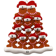 Family ornament with 12 brown gingerbread figures in red Christmas hats, numbered 1-13 for personalization.