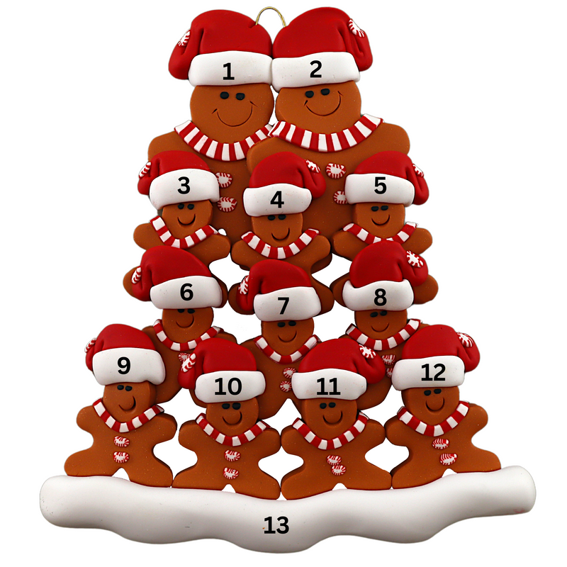 Family ornament with 12 brown gingerbread figures in red Christmas hats, numbered 1-13 for personalization.