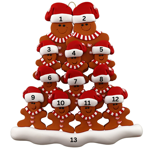 Family ornament with 12 brown gingerbread figures in red Christmas hats, numbered 1-13 for personalization.