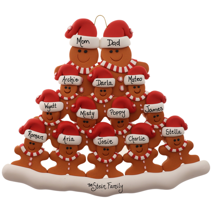 Family ornament with 14 brown gingerbread figures in red Christmas hats, personalized with names.