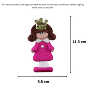 Pink princess with crown and brown hair ornament, graphed to show size (5.5x11.5cm).
