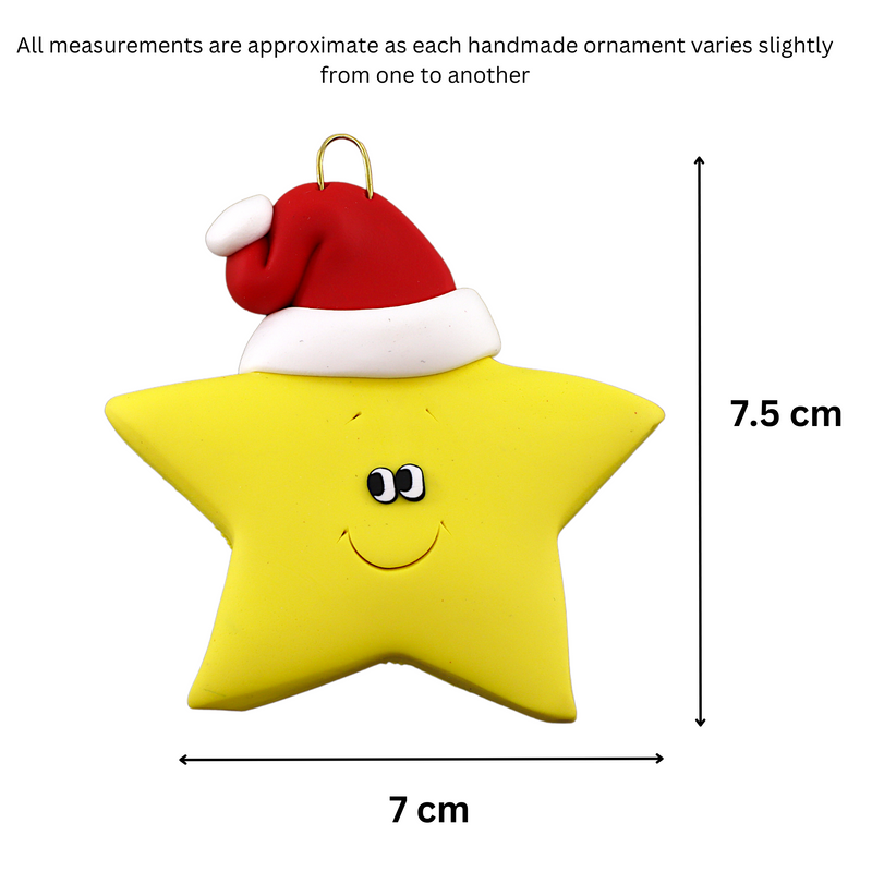 Yellow star in red Christmas hat ornament, graphed to show size (7x7.5cm).