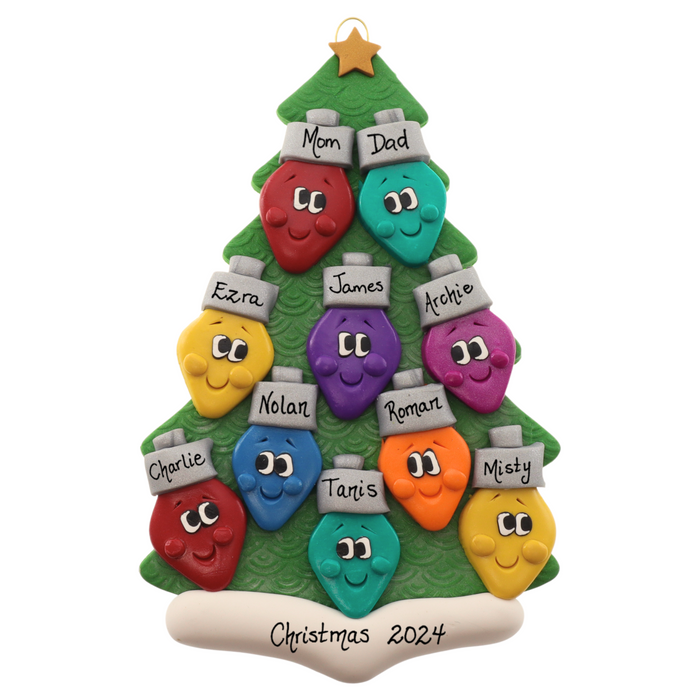 Christmas tree ornament decorated with 10 light bulbs with smiling faces, personalized with names.