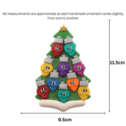 Christmas tree ornament decorated with 10 light bulbs with smiling faces, graphed to show size (9.5x11cm).