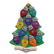 Christmas tree ornament decorated with 11 light bulbs with smiling faces, personalized with names.