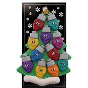 Christmas tree ornament decorated with 11 light bulbs with smiling faces, on display backing card.
