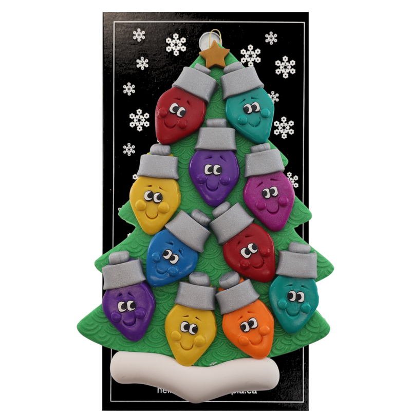 Christmas tree ornament decorated with 11 light bulbs with smiling faces, on display backing card.