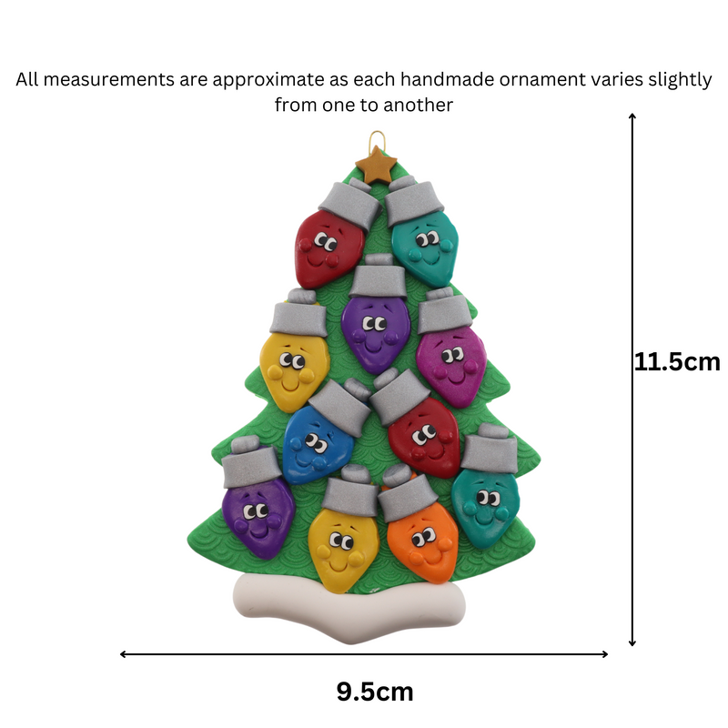 Christmas tree ornament decorated with 11 light bulbs with smiling faces, graphed to show size (9.5x11.5cm).
