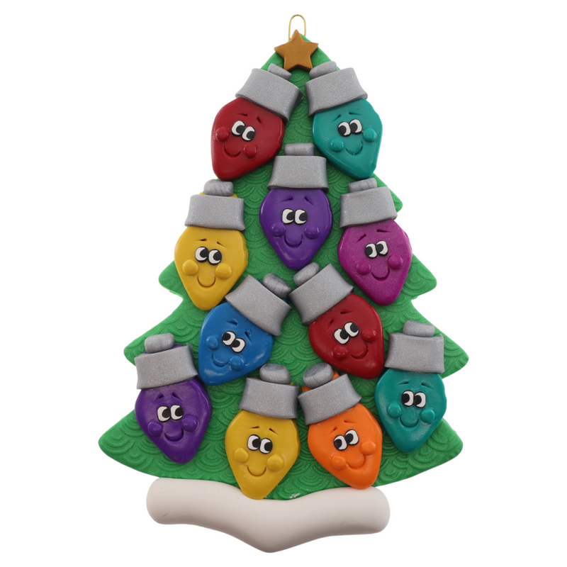 Christmas tree ornament decorated with 11 light bulbs with smiling faces.