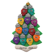 Christmas tree ornament decorated with 12 light bulbs with smiling faces, personalized with names.