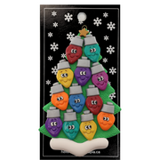 Christmas tree ornament decorated with 12 light bulbs with smiling faces, on display backing card.