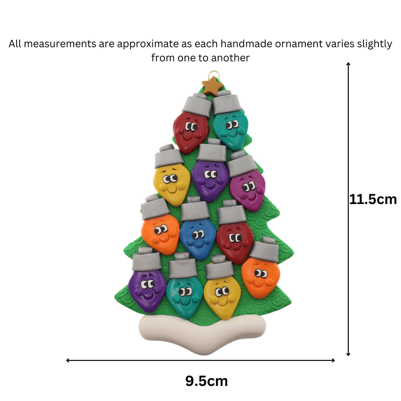 Christmas tree ornament decorated with 12 light bulbs with smiling faces, graphed to show size (9.5x11.5cm).