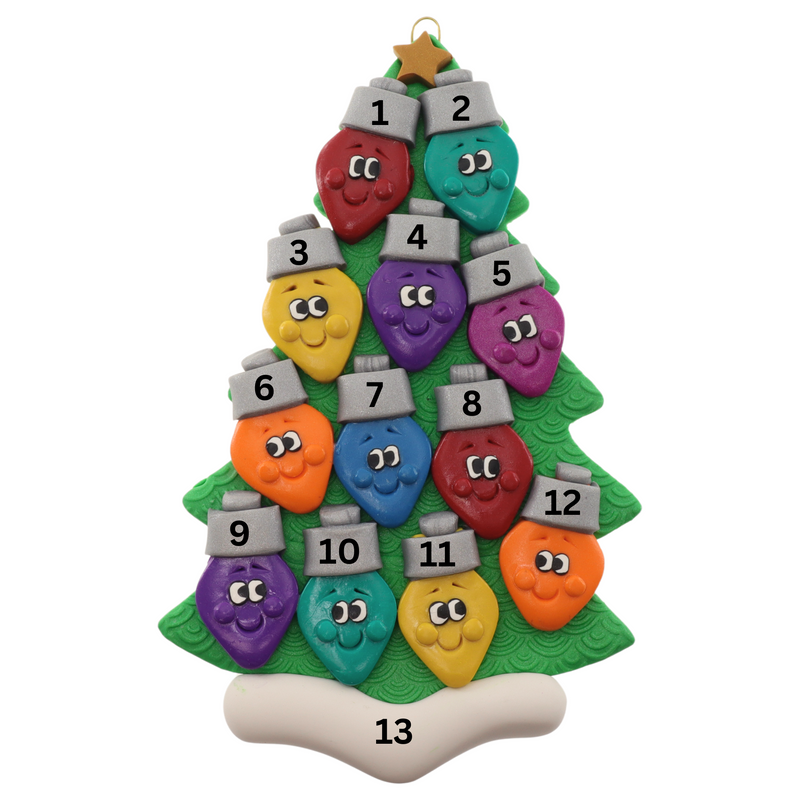 Christmas tree ornament decorated with 12 light bulbs with smiling faces, numbered 1-13 for personalization.