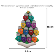Christmas tree ornament decorated with 13 light bulbs with smiling faces, graphed to show size (9.5x11.5cm).