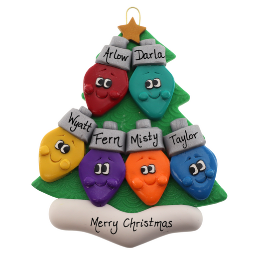 Christmas tree ornament decorated with 6 light bulbs with smiling faces, personalized with names.