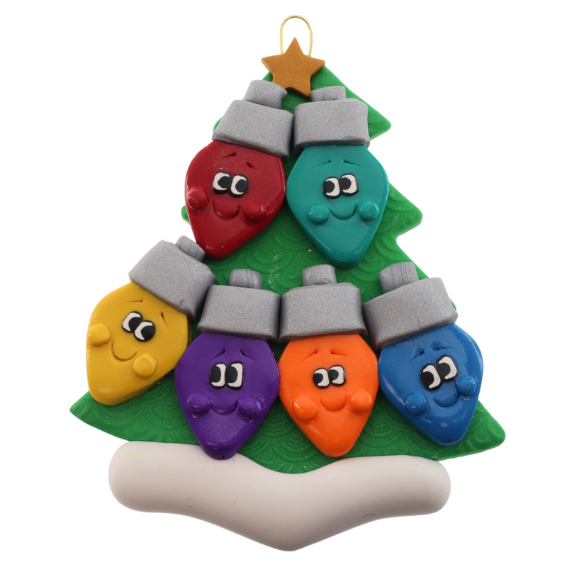 Christmas tree ornament decorated with 6 light bulbs with smiling faces.
