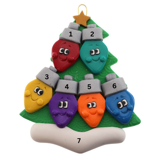 Christmas tree ornament decorated with 6 light bulbs with smiling faces, numbered 1-7 for personalization.