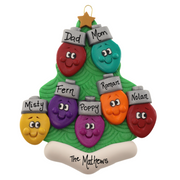 Christmas tree ornament decorated with 7 light bulbs with smiling faces, personalized with names.