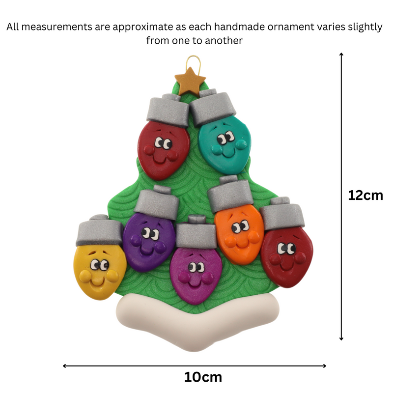 Christmas tree ornament decorated with 7 light bulbs with smiling faces, graphed to show size (10x12cm).