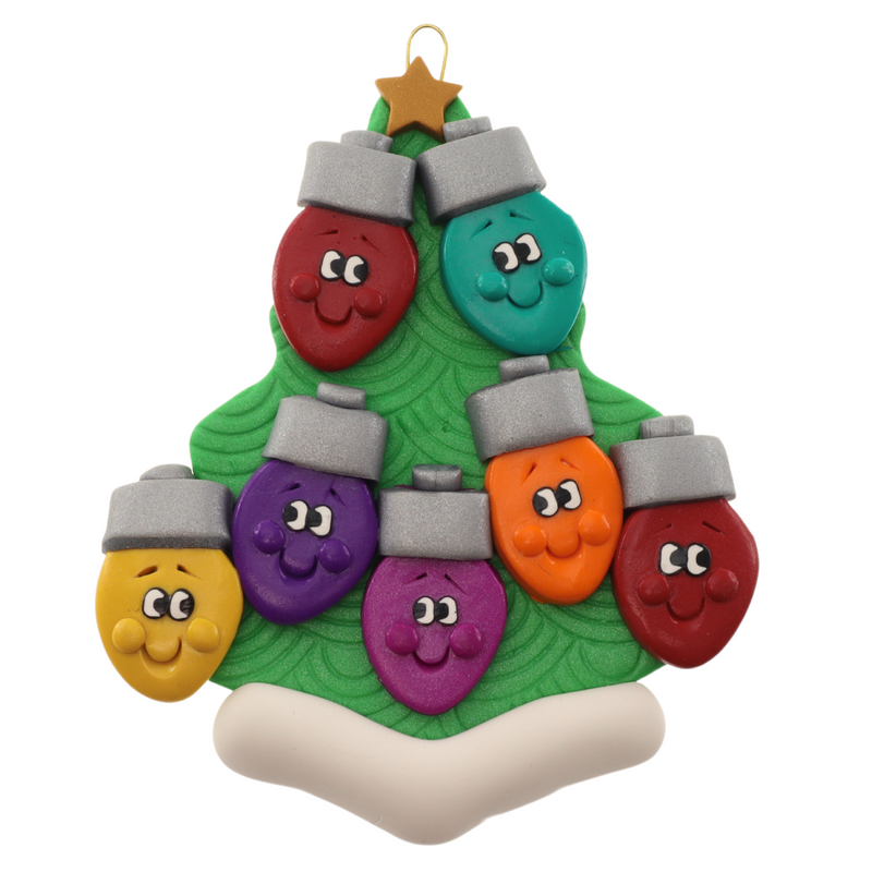 Christmas tree ornament decorated with 7 light bulbs with smiling faces.