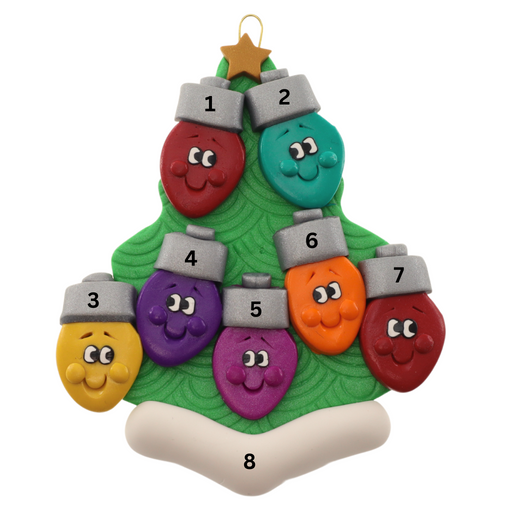 Christmas tree ornament decorated with 7 light bulbs with smiling faces, numbered 1-8 for personalization.