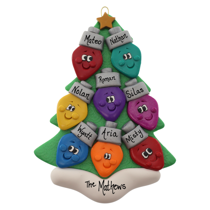 Christmas tree ornament decorated with 8 light bulbs with smiling faces, personalized with names.