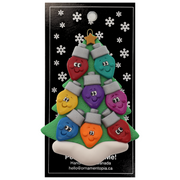 Christmas tree ornament decorated with 8 light bulbs with smiling faces, on display backing card.