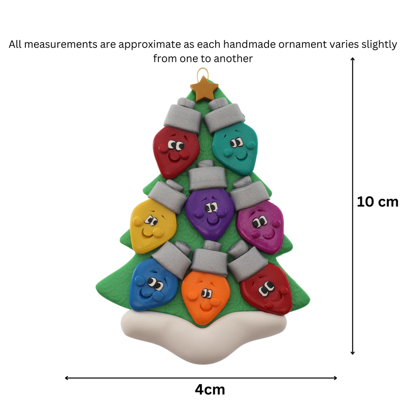 Christmas tree ornament decorated with 8 light bulbs with smiling faces, graphed to show size (4x10cm).