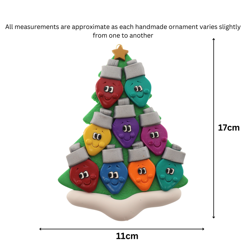 Christmas tree ornament decorated with 9 light bulbs with smiling faces, graphed to show size (11x17cm).