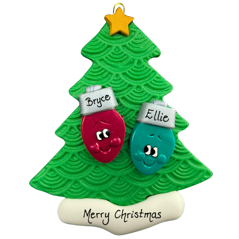 Christmas tree ornament decorated with 2 light bulbs with smiling faces, personalized with names.