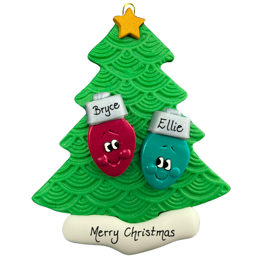 Christmas tree ornament decorated with 2 light bulbs with smiling faces, personalized with names.