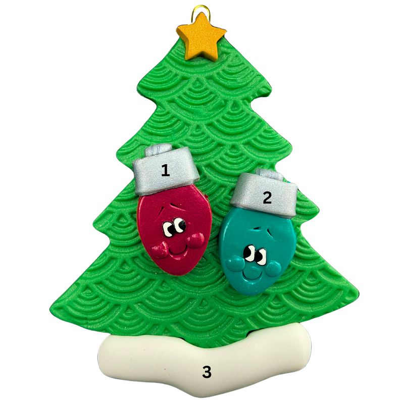 Christmas tree ornament decorated with 2 light bulbs with smiling faces, numbered 1-3 for personalization.