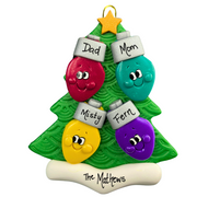 Christmas tree ornament decorated with 4 light bulbs with smiling faces, personalized with names.