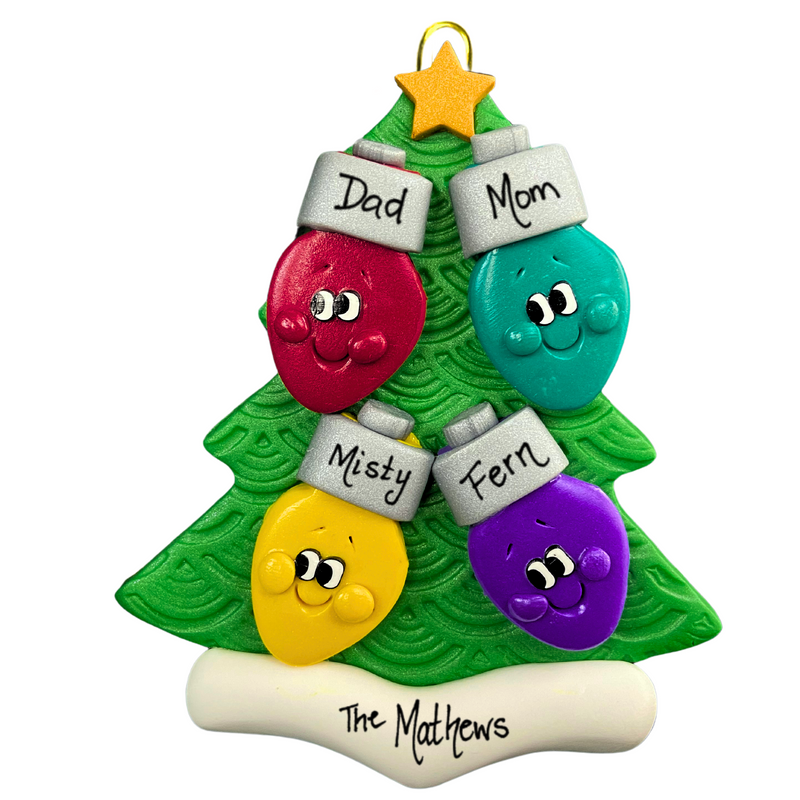 Christmas tree ornament decorated with 4 light bulbs with smiling faces, personalized with names.