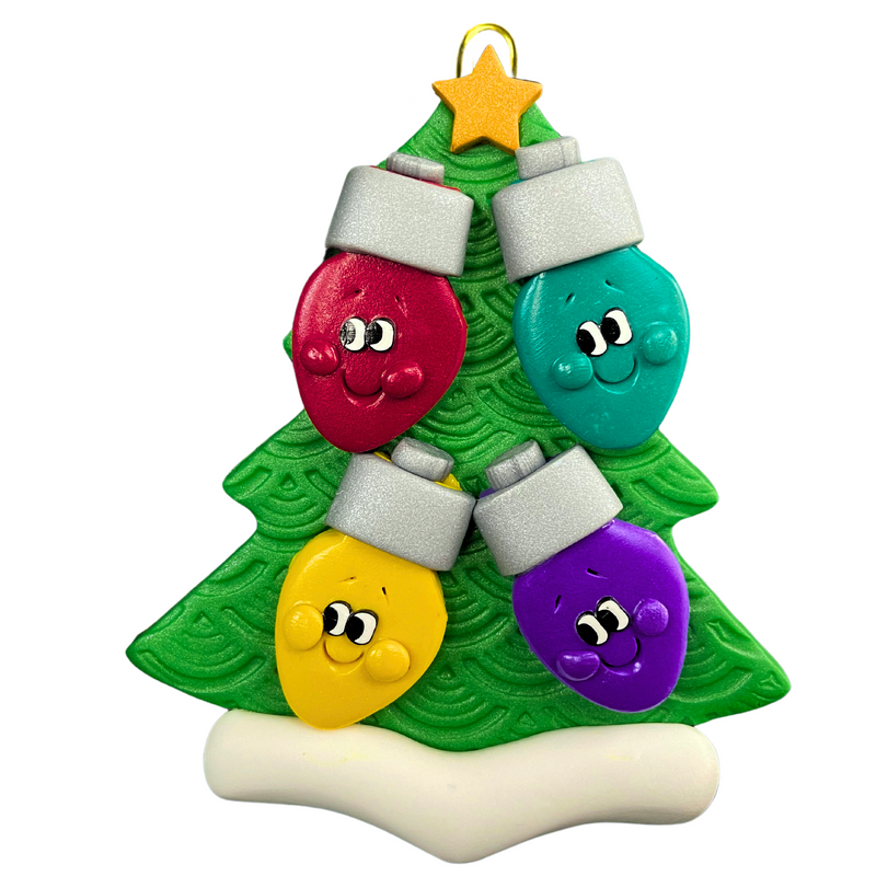 Christmas tree ornament decorated with 4 light bulbs with smiling faces.