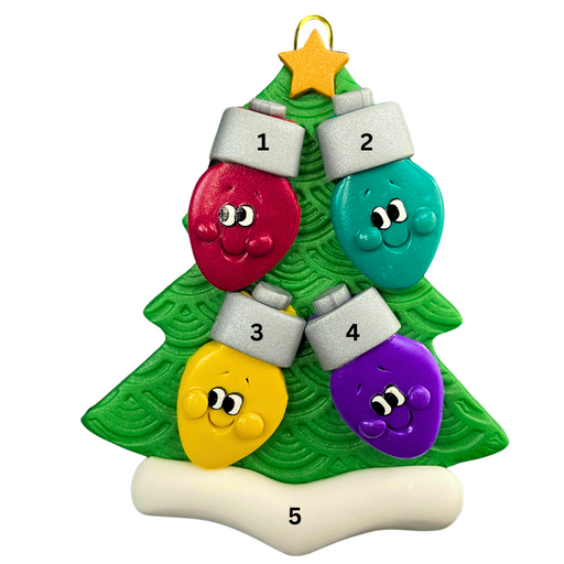Christmas tree ornament decorated with 4 light bulbs with smiling faces, numbered 1-5 for personalization.