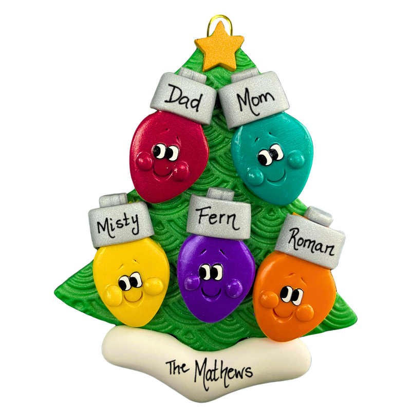 Christmas tree ornament decorated with 5 light bulbs with smiling faces, personalized with names.