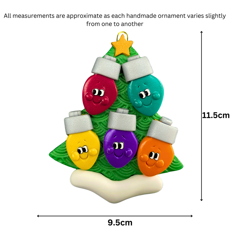 Christmas tree ornament decorated with 5 light bulbs with smiling faces, graphed to show size (9.5x11.5cm).