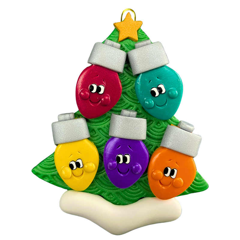 Christmas tree ornament decorated with 5 light bulbs with smiling faces.
