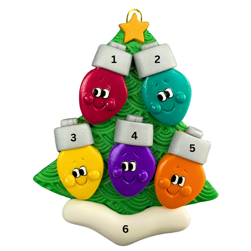Christmas tree ornament decorated with5 light bulbs with smiling faces, numbered 1-6 for personalization.
