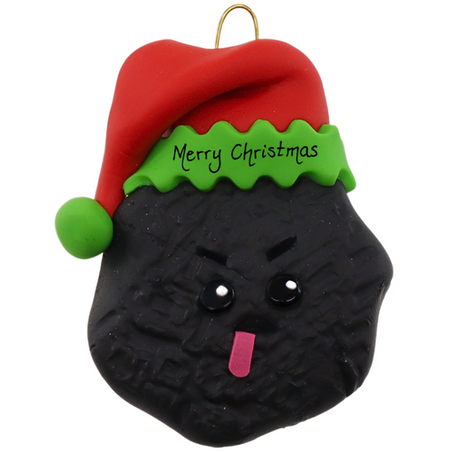 Black frowning lump of coal wearing red festive hat ornament, personalized with name.
