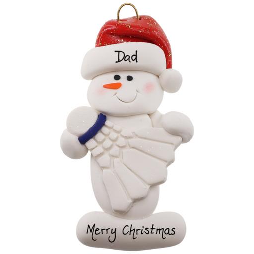 Ornament of white snowman in red hat holding a white badminton birdie, personalized with name.