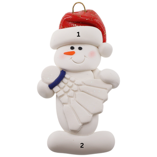 Ornament of white snowman in red hat holding a white badminton birdie, numbered 1-2 for personalization.