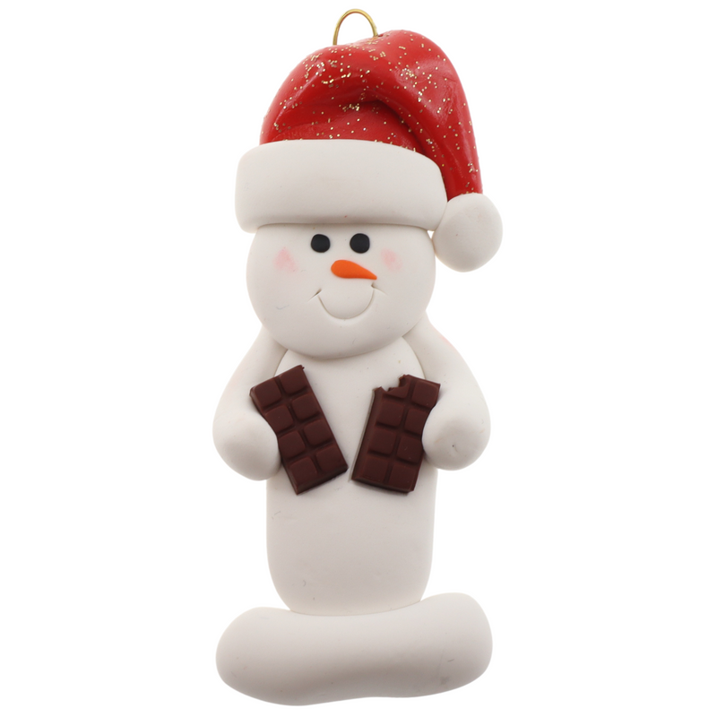 Ornament of white snowman in red hat holding two chocolate bars.