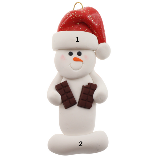 Ornament of white snowman in red hat holding two chocolate bars, numbered 1-2 for personalization.
