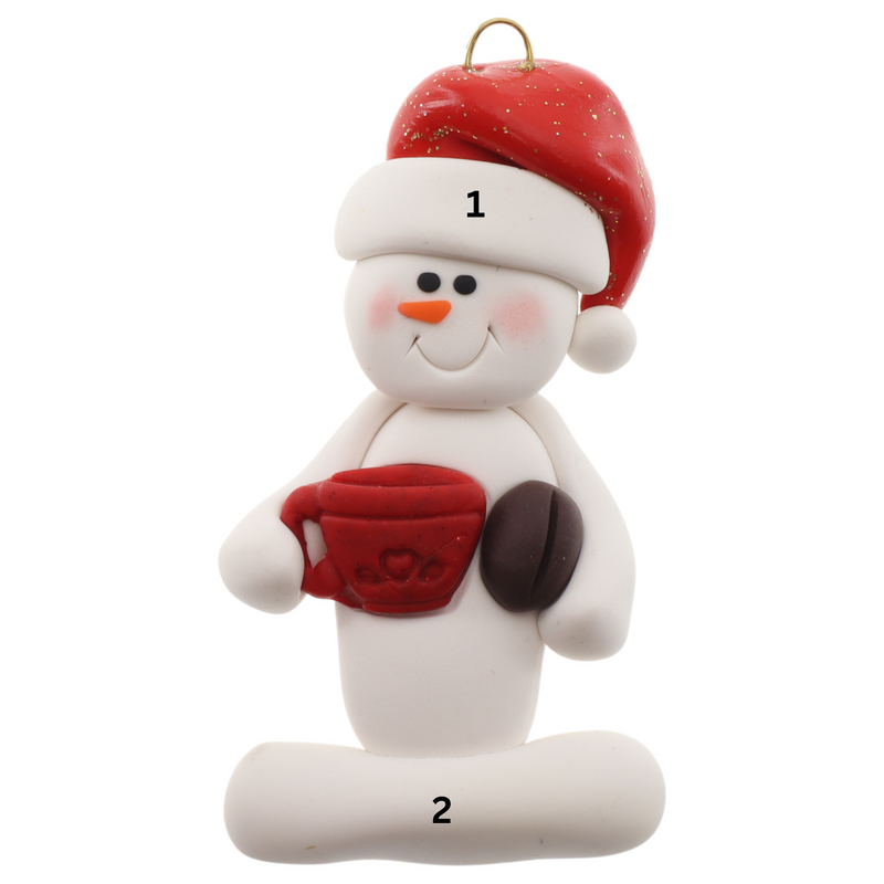 Ornament of white snowman in red hat holding colourful mug and coffee bean, numbered 1-2 for personalization.
